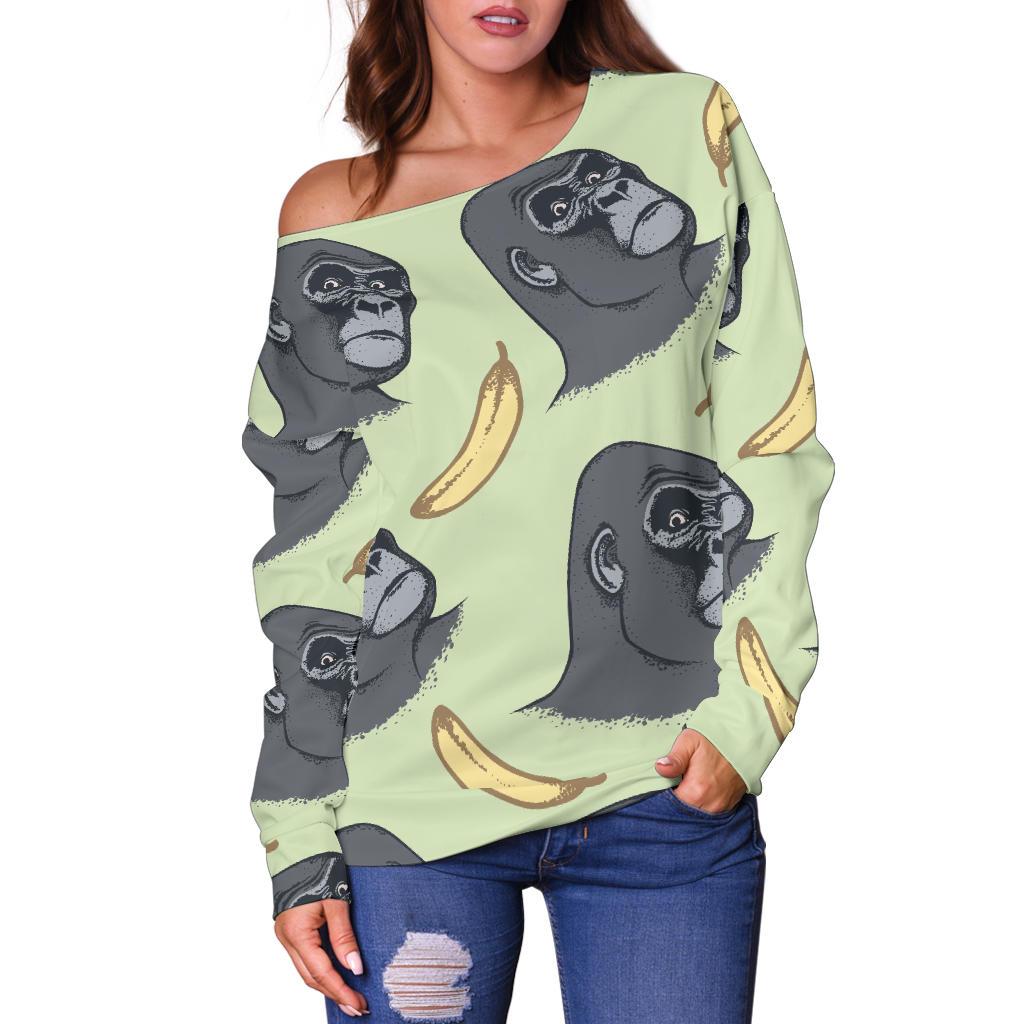 Gorilla Banana Pattern Print Women Off Shoulder Sweatshirt-grizzshop