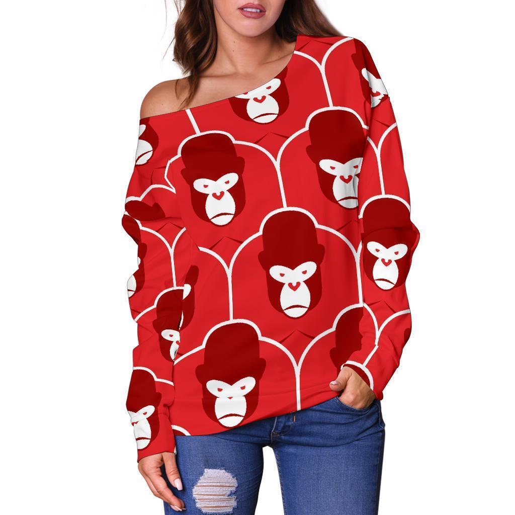 Gorilla Red Pattern Print Women Off Shoulder Sweatshirt-grizzshop