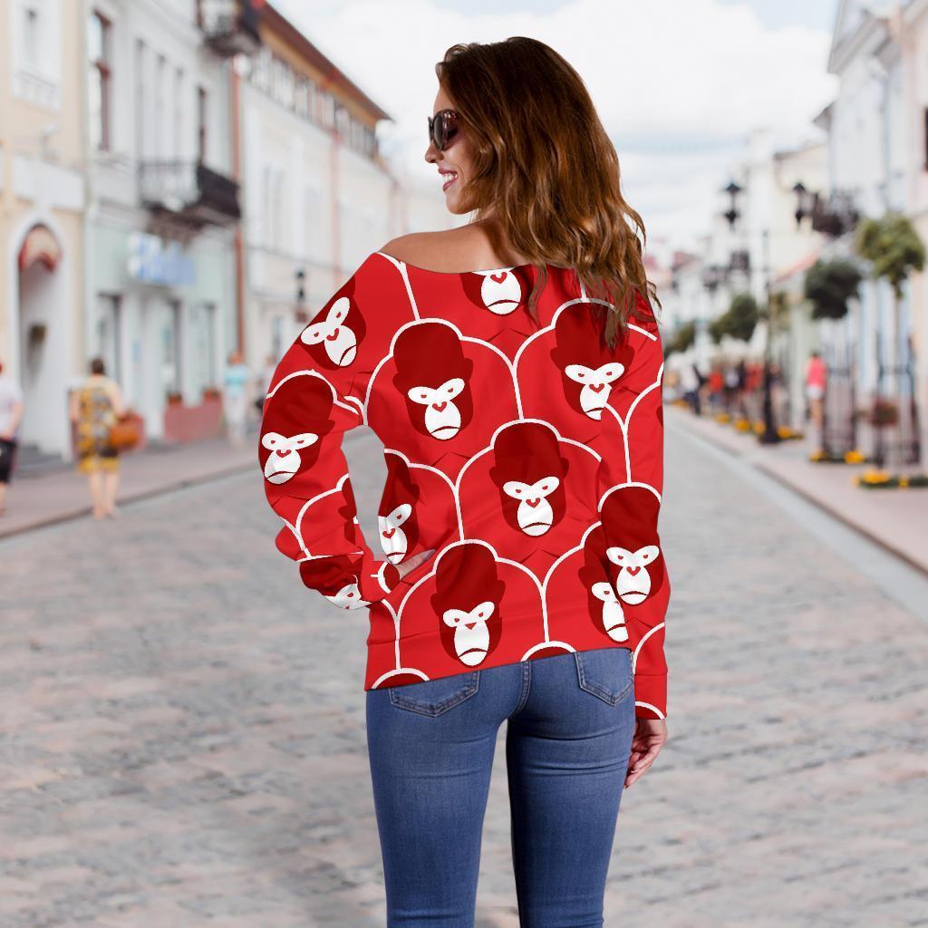 Gorilla Red Pattern Print Women Off Shoulder Sweatshirt-grizzshop