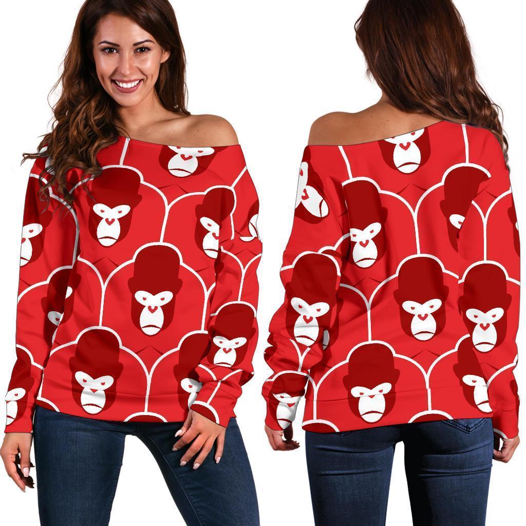 Gorilla Red Pattern Print Women Off Shoulder Sweatshirt-grizzshop