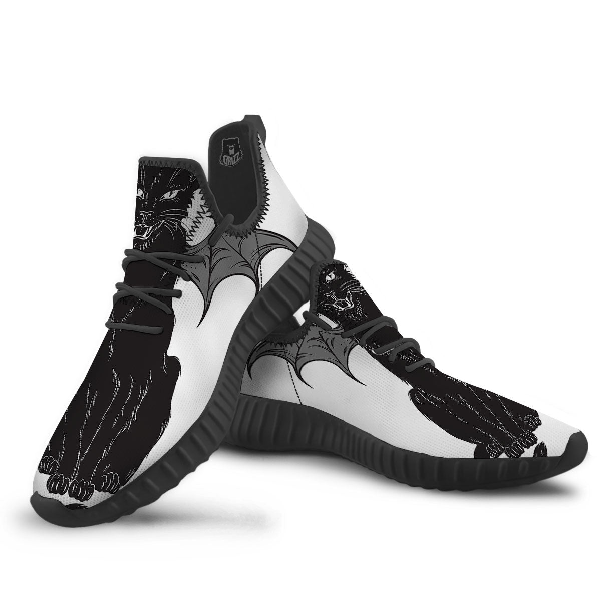 Gothic Wiccan Cat White And Black Print Black Walking Shoes-grizzshop