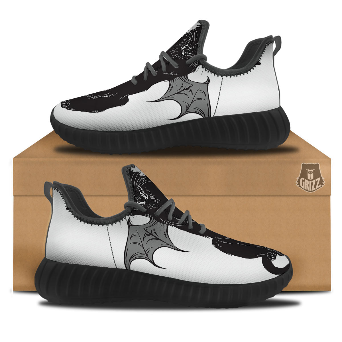 Gothic Wiccan Cat White And Black Print Black Walking Shoes-grizzshop