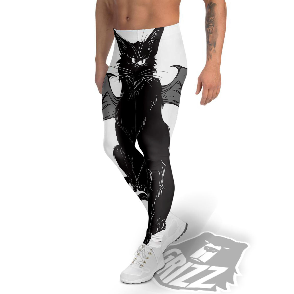 Gothic Wiccan Cat White And Black Print Men's Leggings-grizzshop