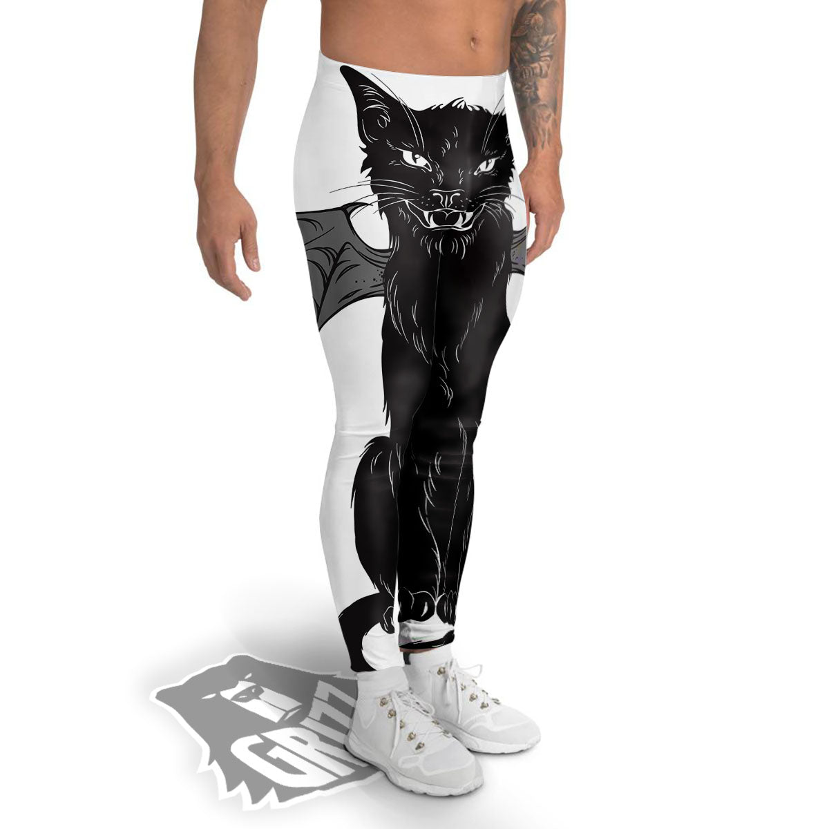Gothic Wiccan Cat White And Black Print Men's Leggings-grizzshop