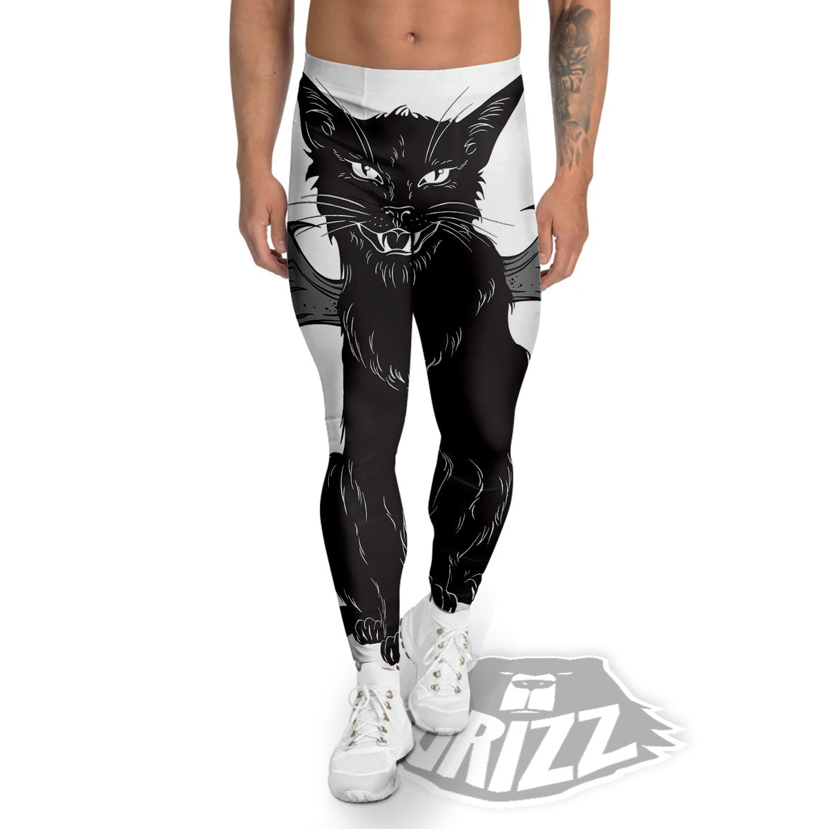 Gothic Wiccan Cat White And Black Print Men's Leggings-grizzshop