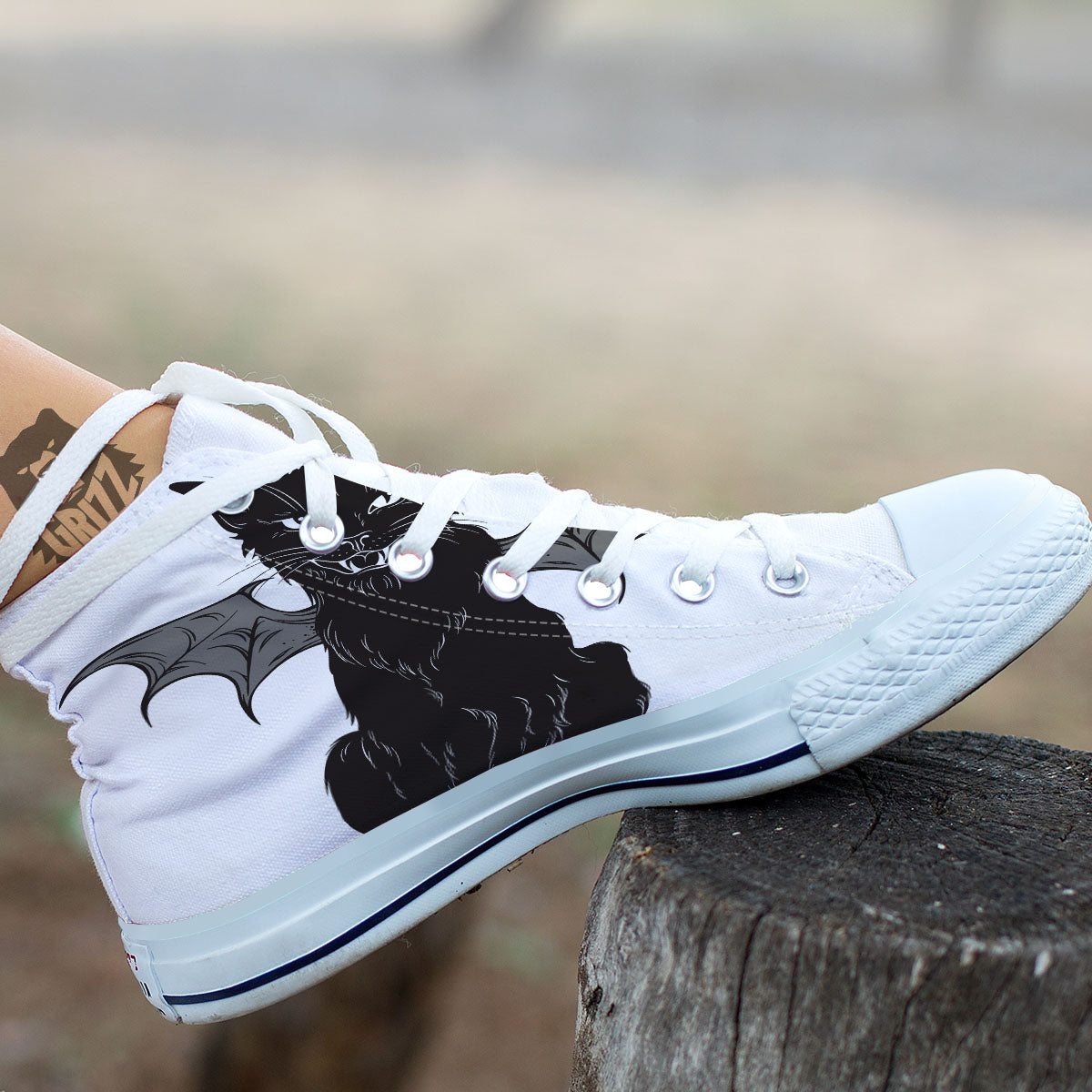 Gothic Wiccan Cat White And Black Print White High Top Shoes-grizzshop