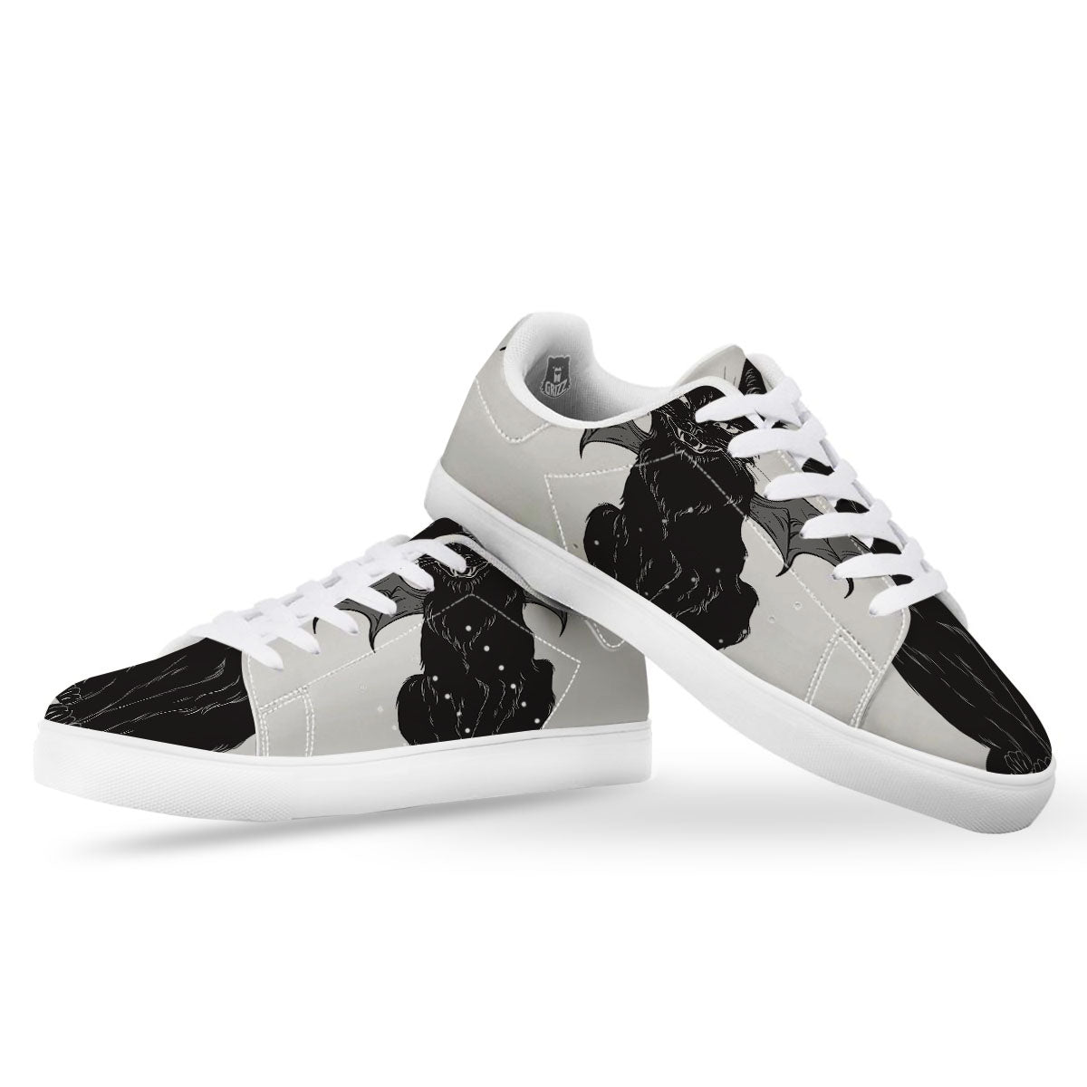 Gothic Wiccan Cat White And Black Print White Low Top Sneakers-grizzshop
