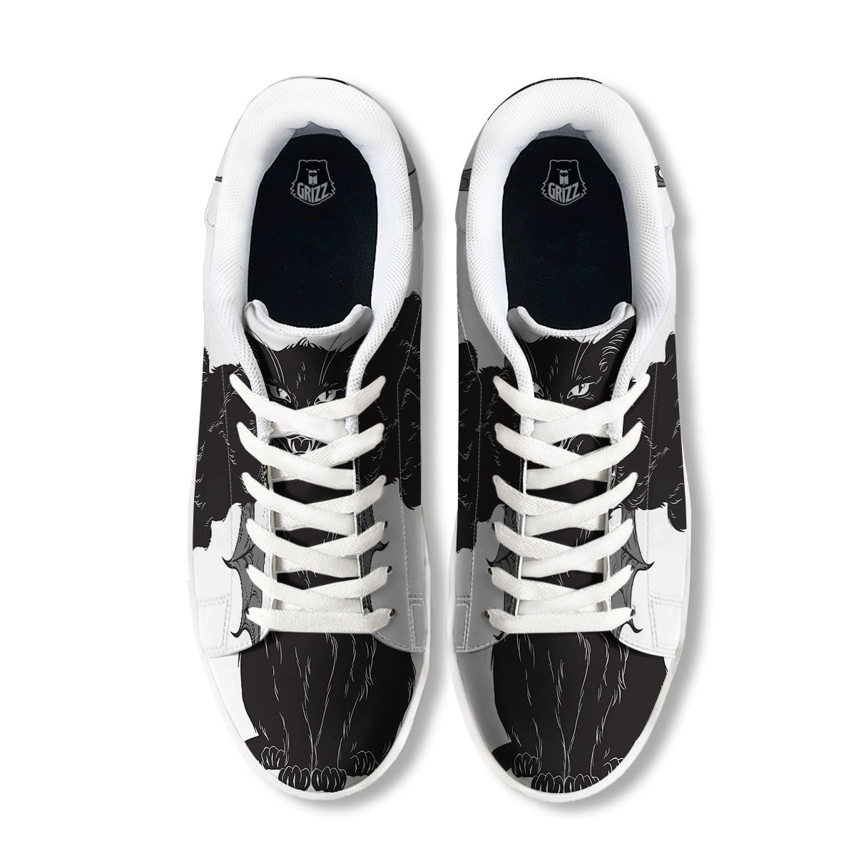 Gothic Wiccan Cat White And Black Print White Low Top Sneakers-grizzshop