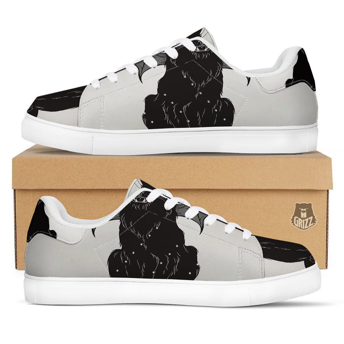 Gothic Wiccan Cat White And Black Print White Low Top Sneakers-grizzshop