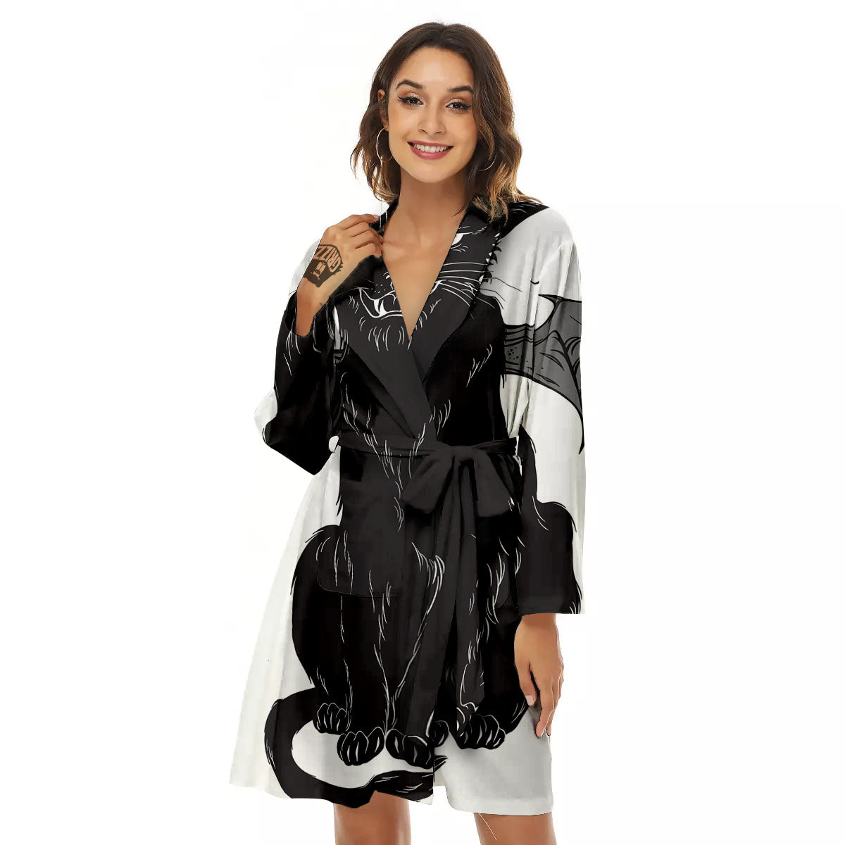 Gothic Wiccan Cat White And Black Print Women's Robe-grizzshop