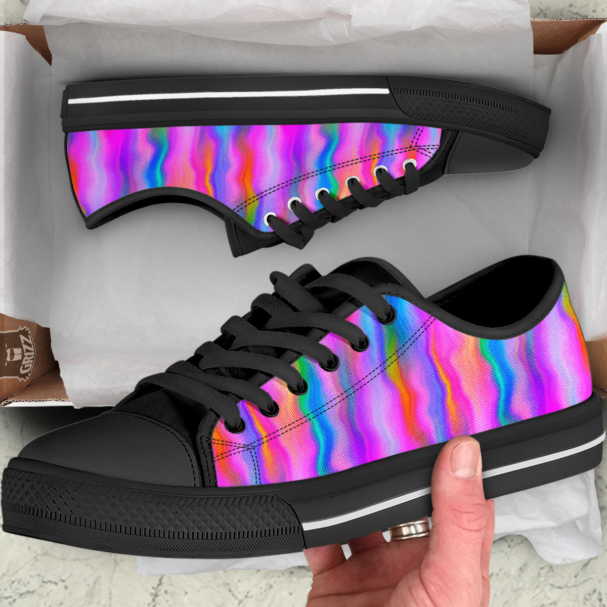 Gradient Psychedelic Print Pattern Black Low Top Shoes-grizzshop