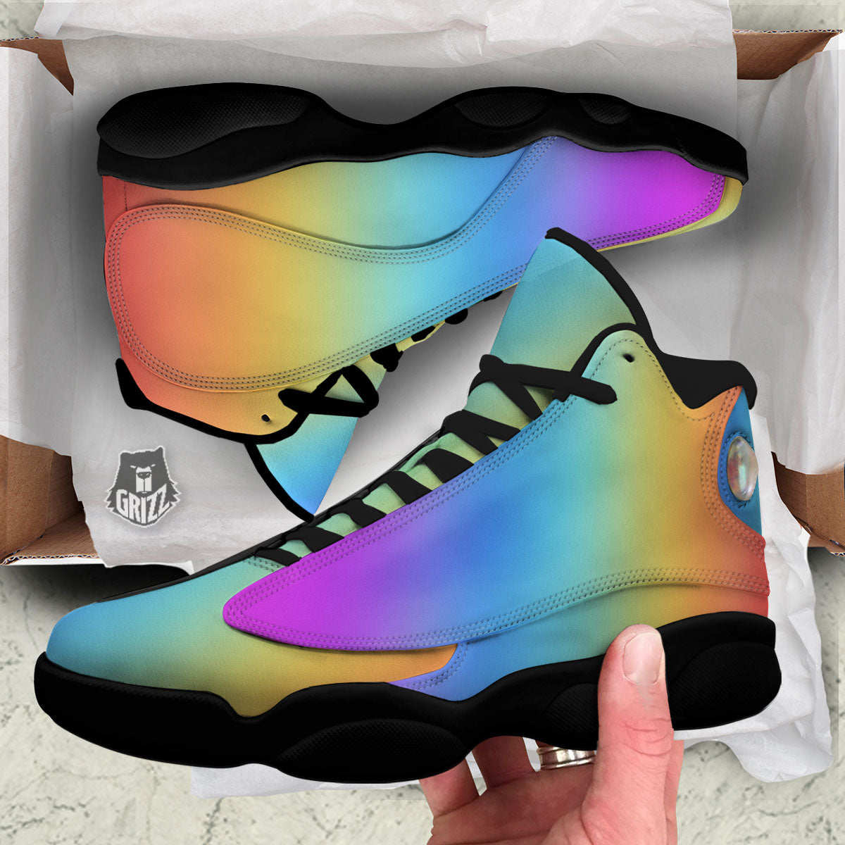 Gradient Rainbow Print Pattern Black Basketball Shoes-grizzshop