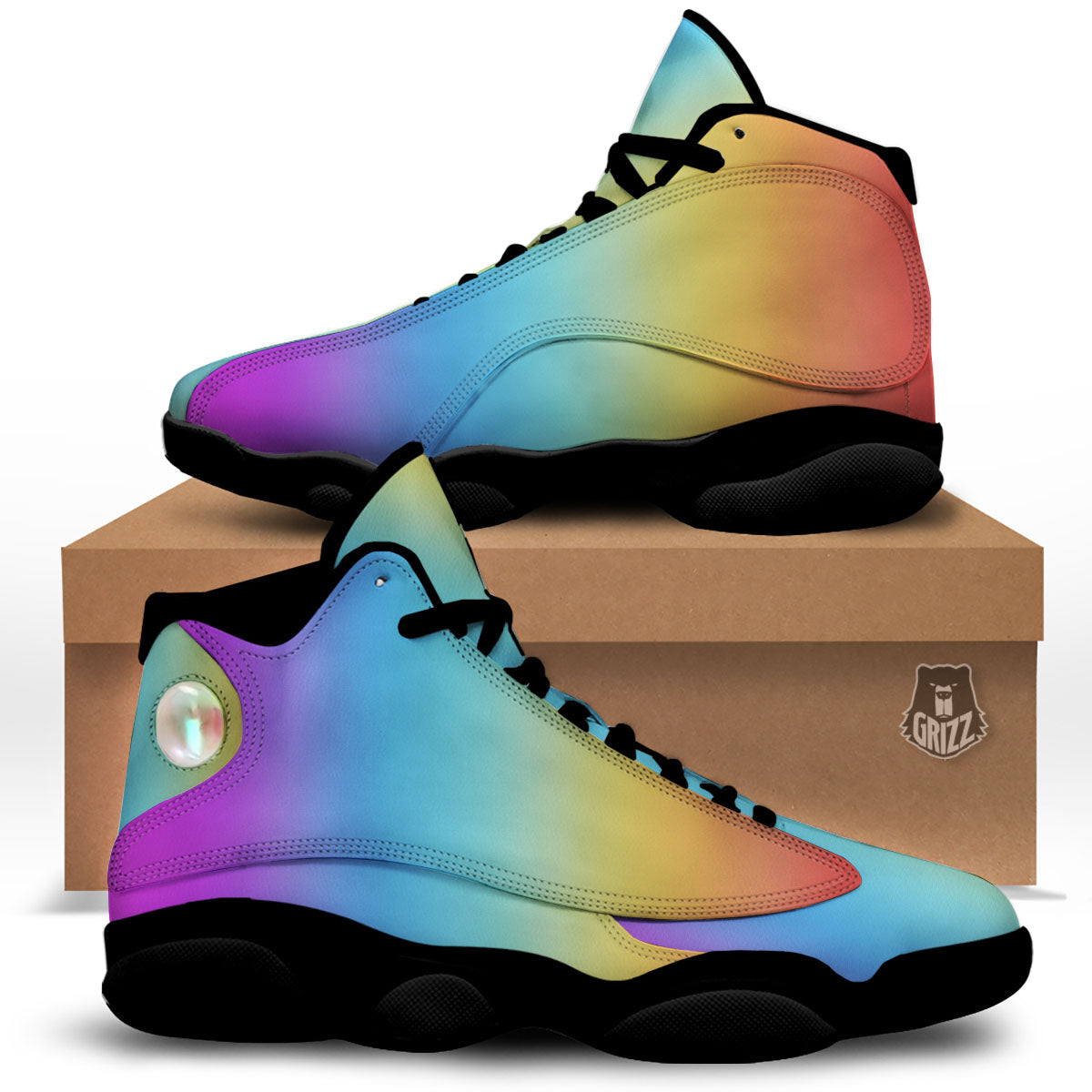 Gradient Rainbow Print Pattern Black Basketball Shoes-grizzshop