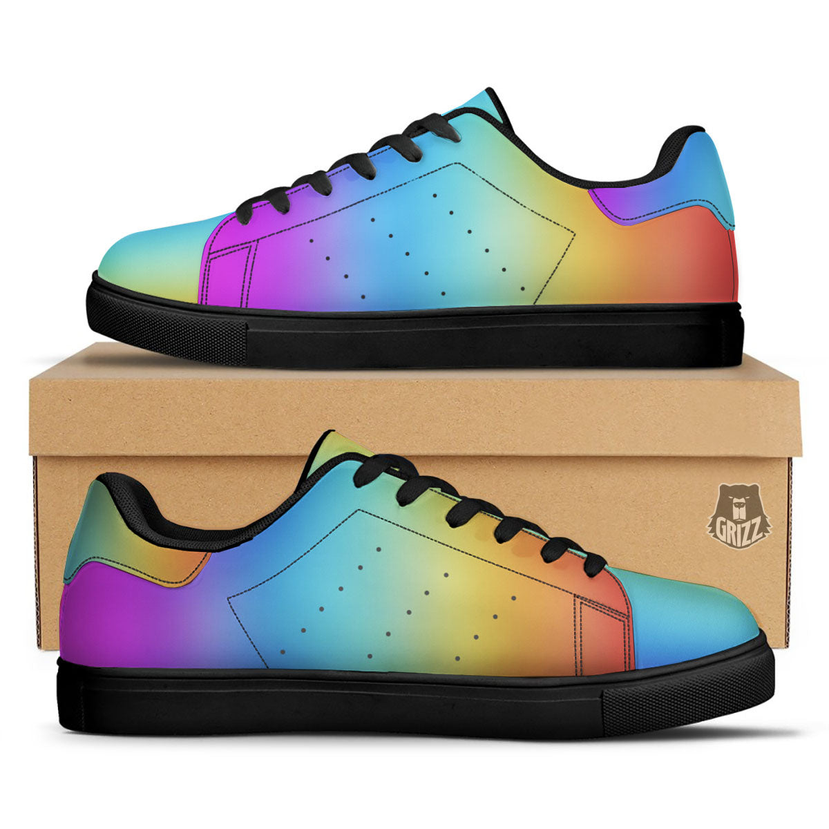 Gradient Rainbow Print Pattern Black Low Top Sneakers-grizzshop