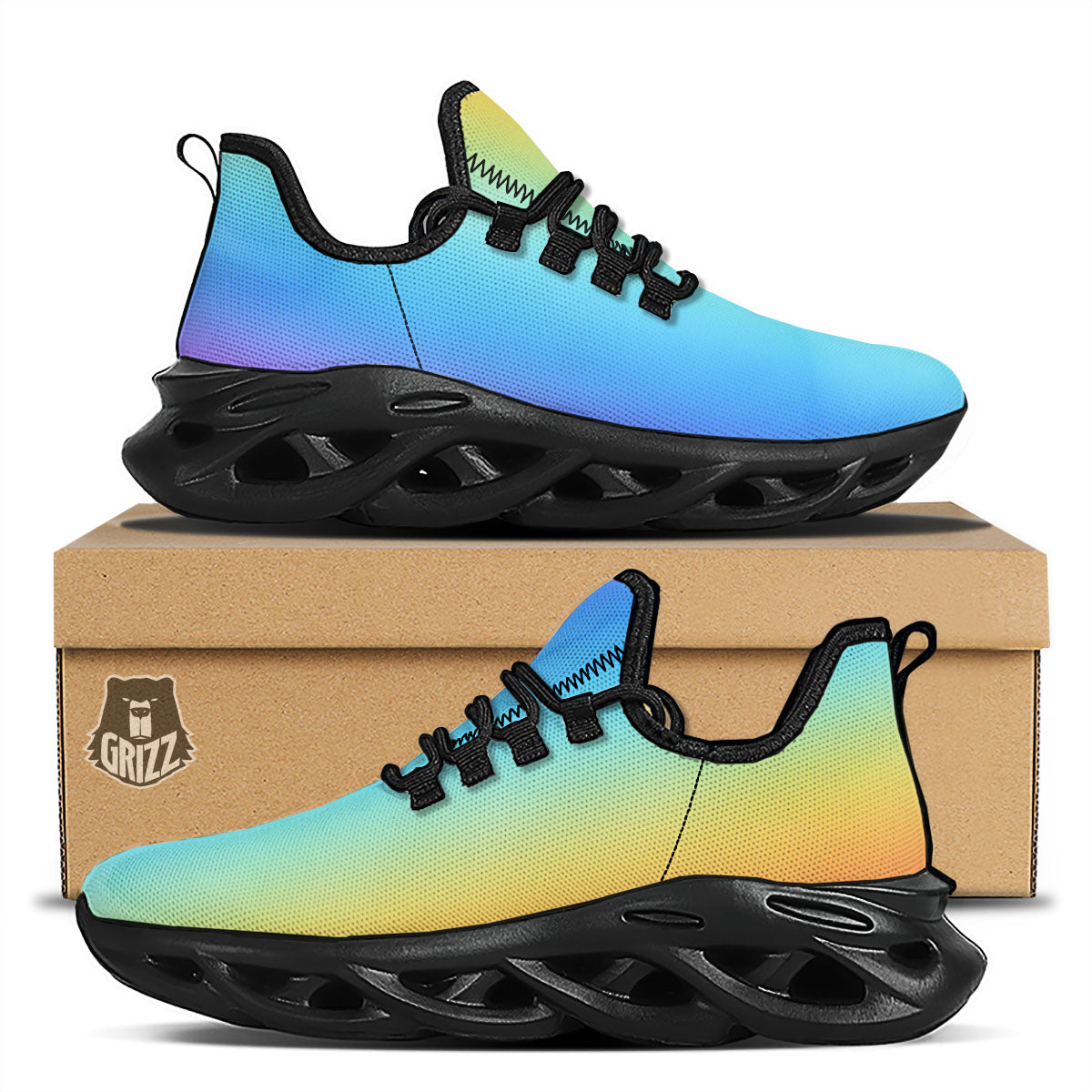 Gradient Rainbow Print Pattern Black Running Shoes-grizzshop