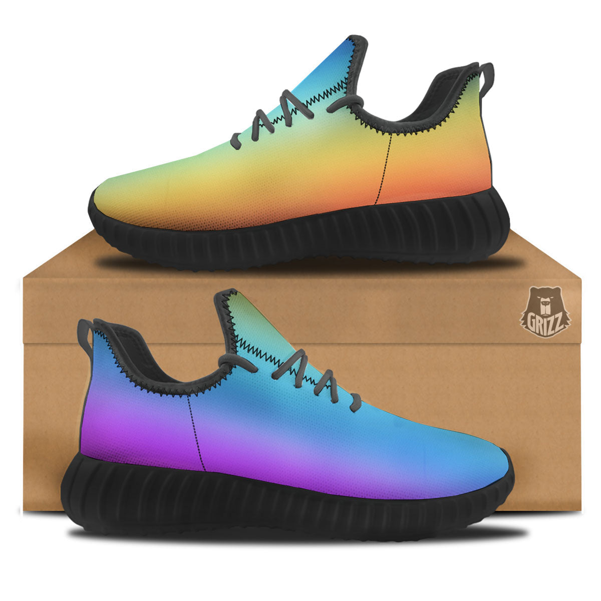 Gradient Rainbow Print Pattern Black Walking Shoes-grizzshop