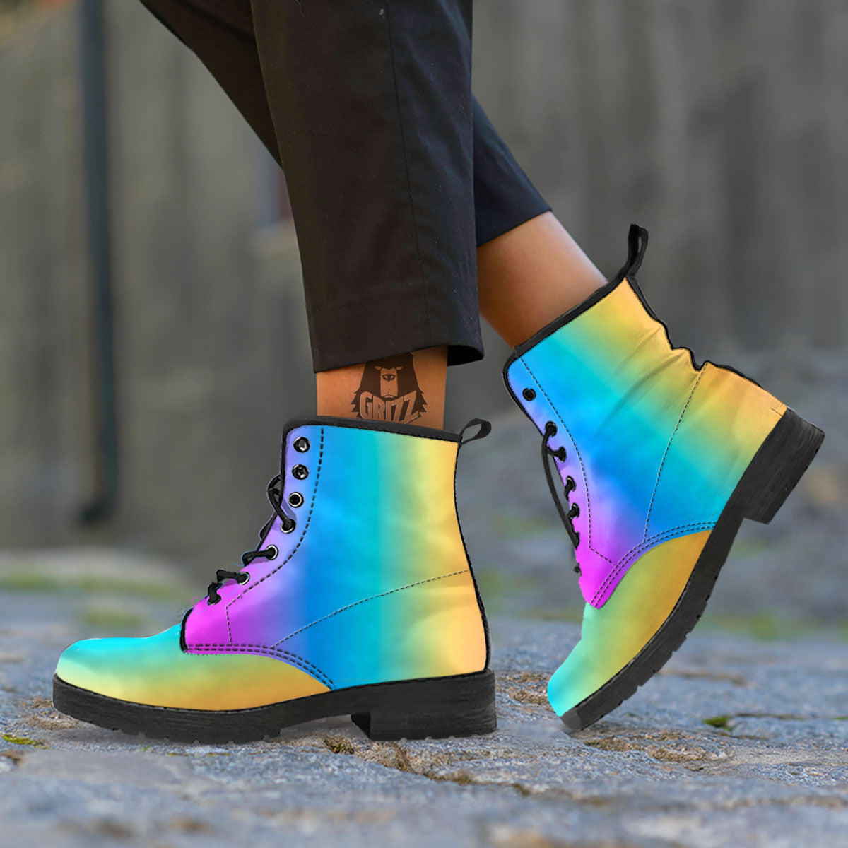Gradient Rainbow Print Pattern Leather Boots-grizzshop