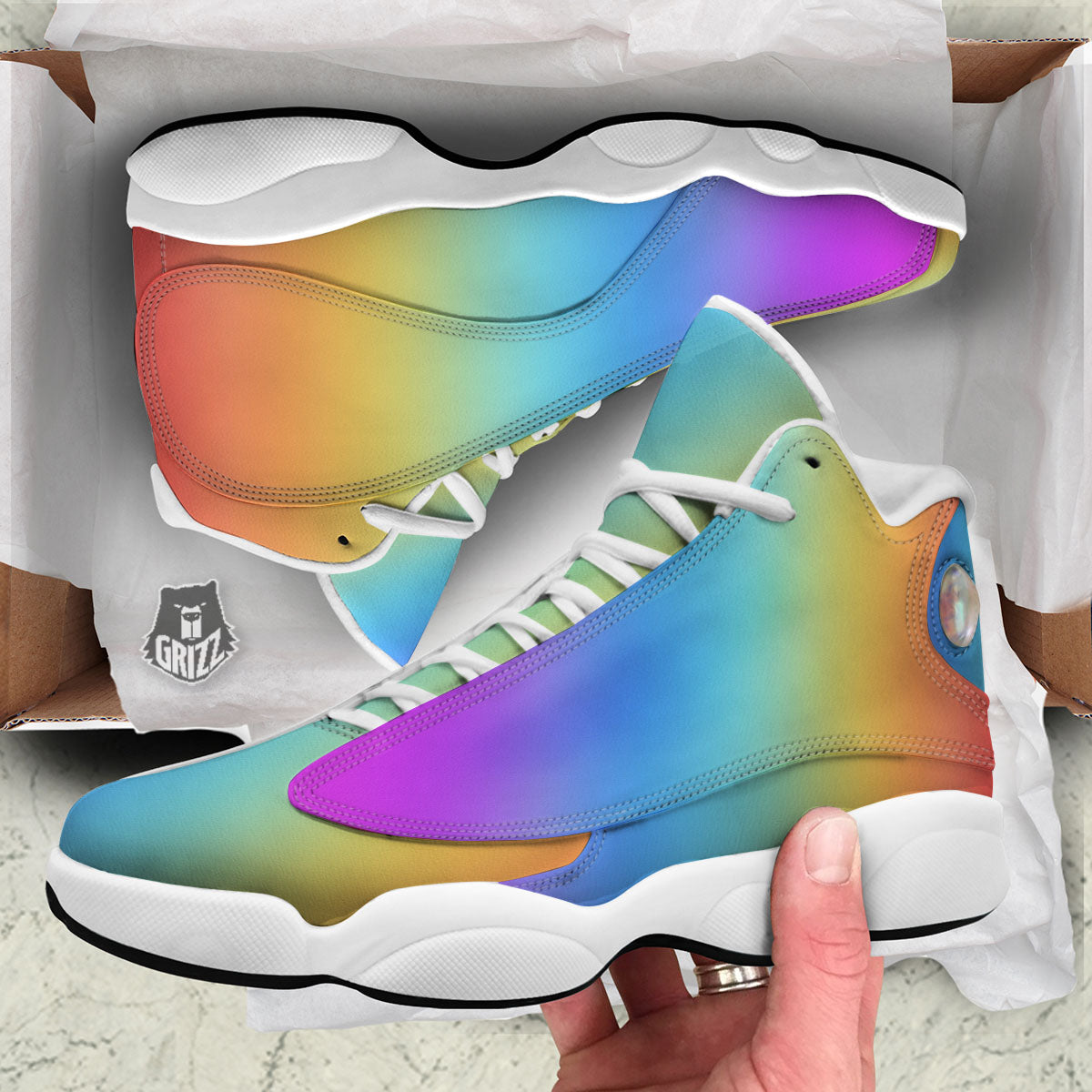 Gradient Rainbow Print Pattern White Basketball Shoes-grizzshop