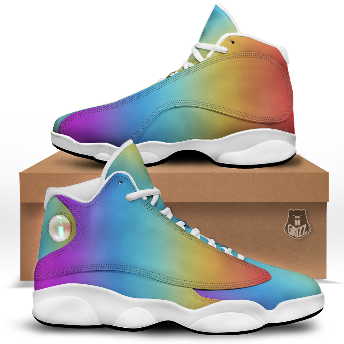 Gradient Rainbow Print Pattern White Basketball Shoes-grizzshop