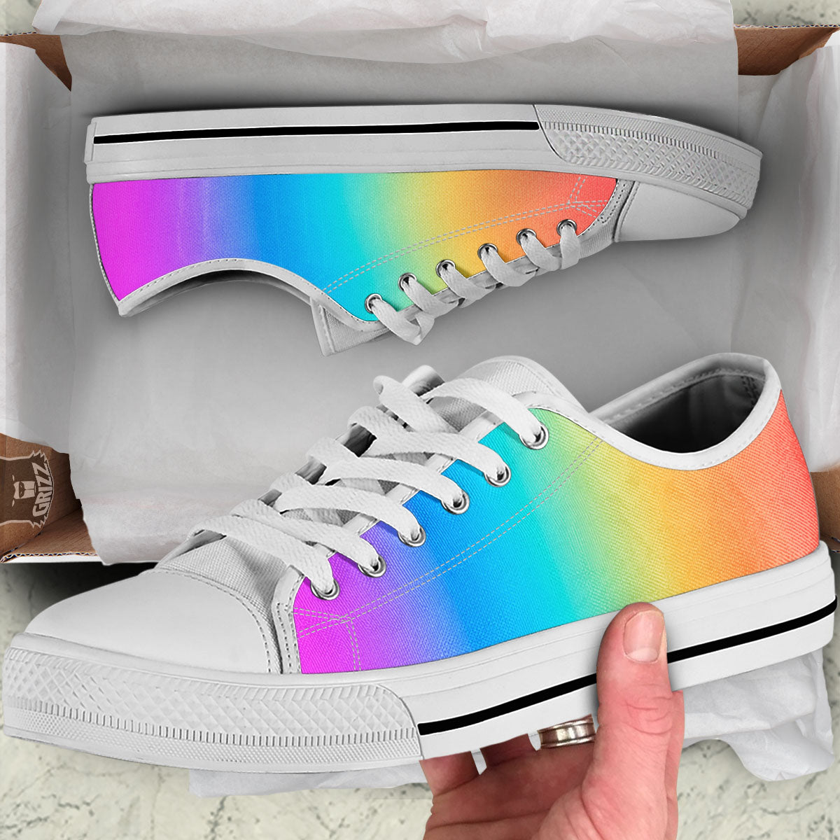 Gradient Rainbow Print Pattern White Low Top Shoes-grizzshop