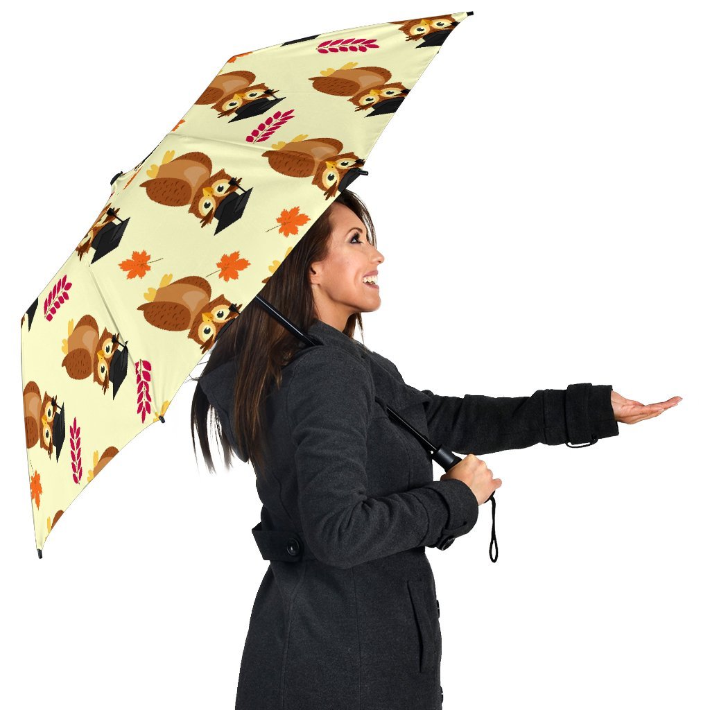 Graduation Owl Pattern Print Automatic Foldable Umbrella-grizzshop
