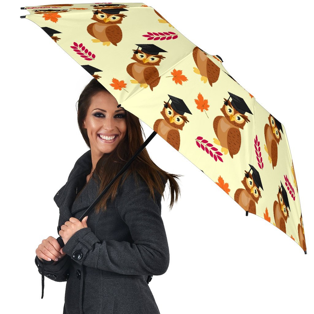Graduation Owl Pattern Print Automatic Foldable Umbrella-grizzshop