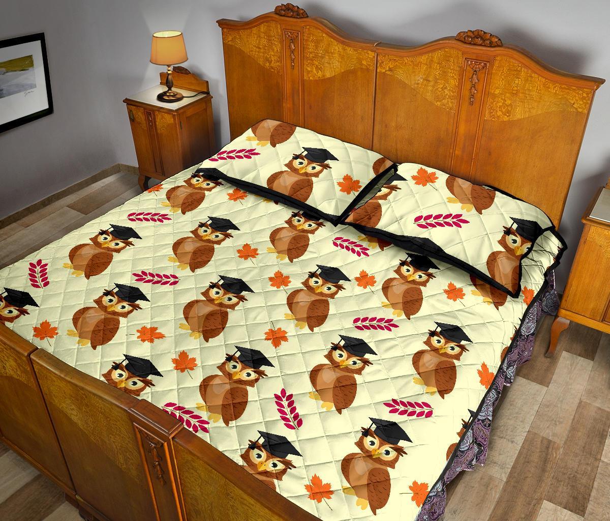 Graduation Owl Pattern Print Bed Set Quilt-grizzshop