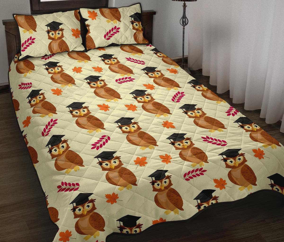 Graduation Owl Pattern Print Bed Set Quilt-grizzshop