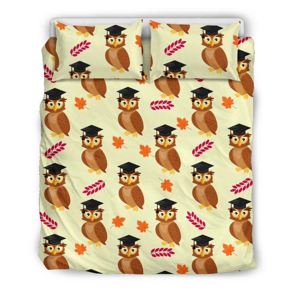 Graduation Owl Pattern Print Duvet Cover Bedding Set-grizzshop