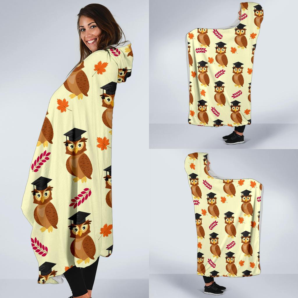 Graduation Owl Pattern Print Hooded Blanket-grizzshop