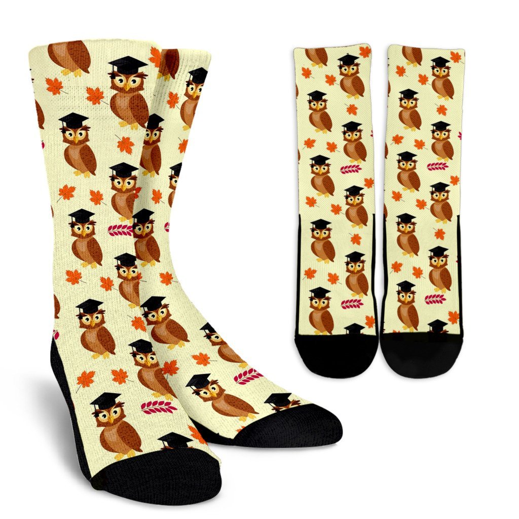 Graduation Owl Pattern Print Unisex Crew Socks-grizzshop