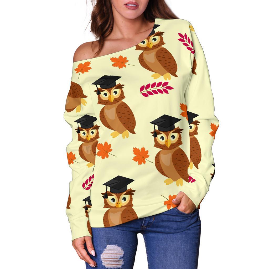 Graduation Owl Pattern Print Women Off Shoulder Sweatshirt-grizzshop