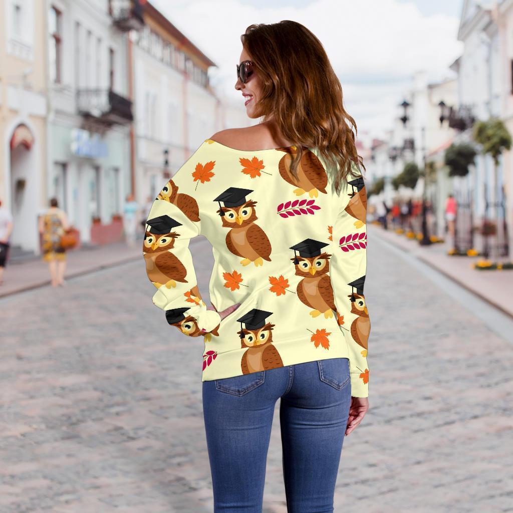 Graduation Owl Pattern Print Women Off Shoulder Sweatshirt-grizzshop