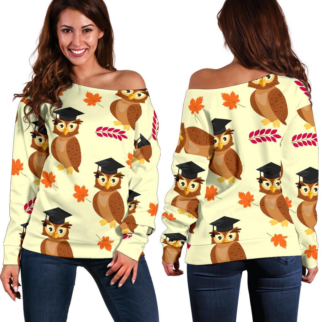 Graduation Owl Pattern Print Women Off Shoulder Sweatshirt-grizzshop