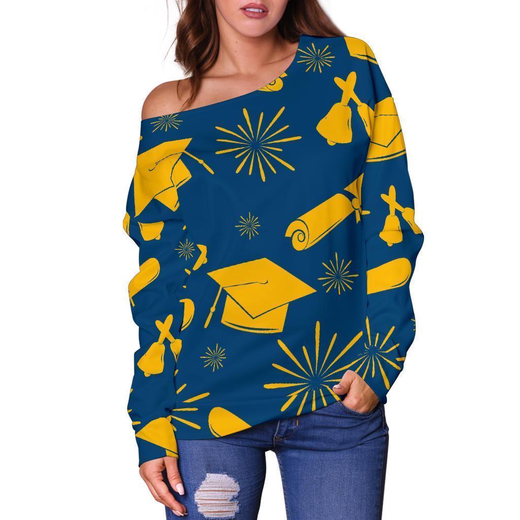 Graduation Pattern Print Women Off Shoulder Sweatshirt-grizzshop