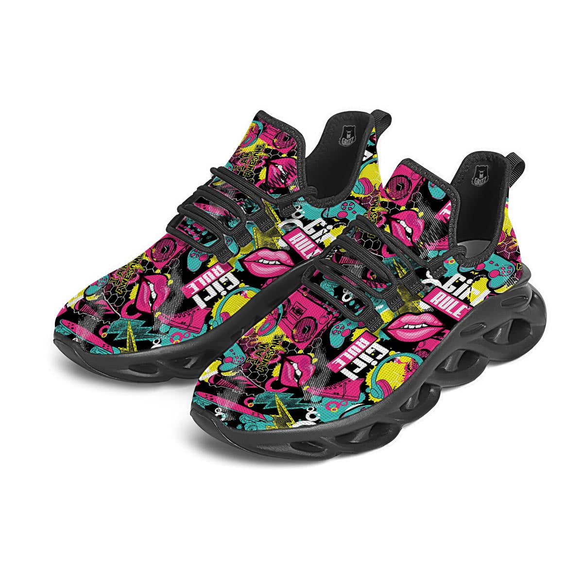 Graffiti Abstract Hiphop Lip Black Running Shoes-grizzshop