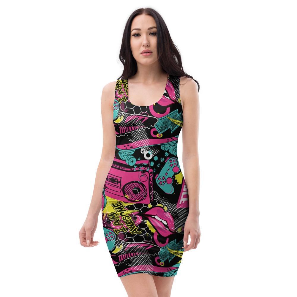 Graffiti Abstract Hiphop Lip Bodycon Dress-grizzshop