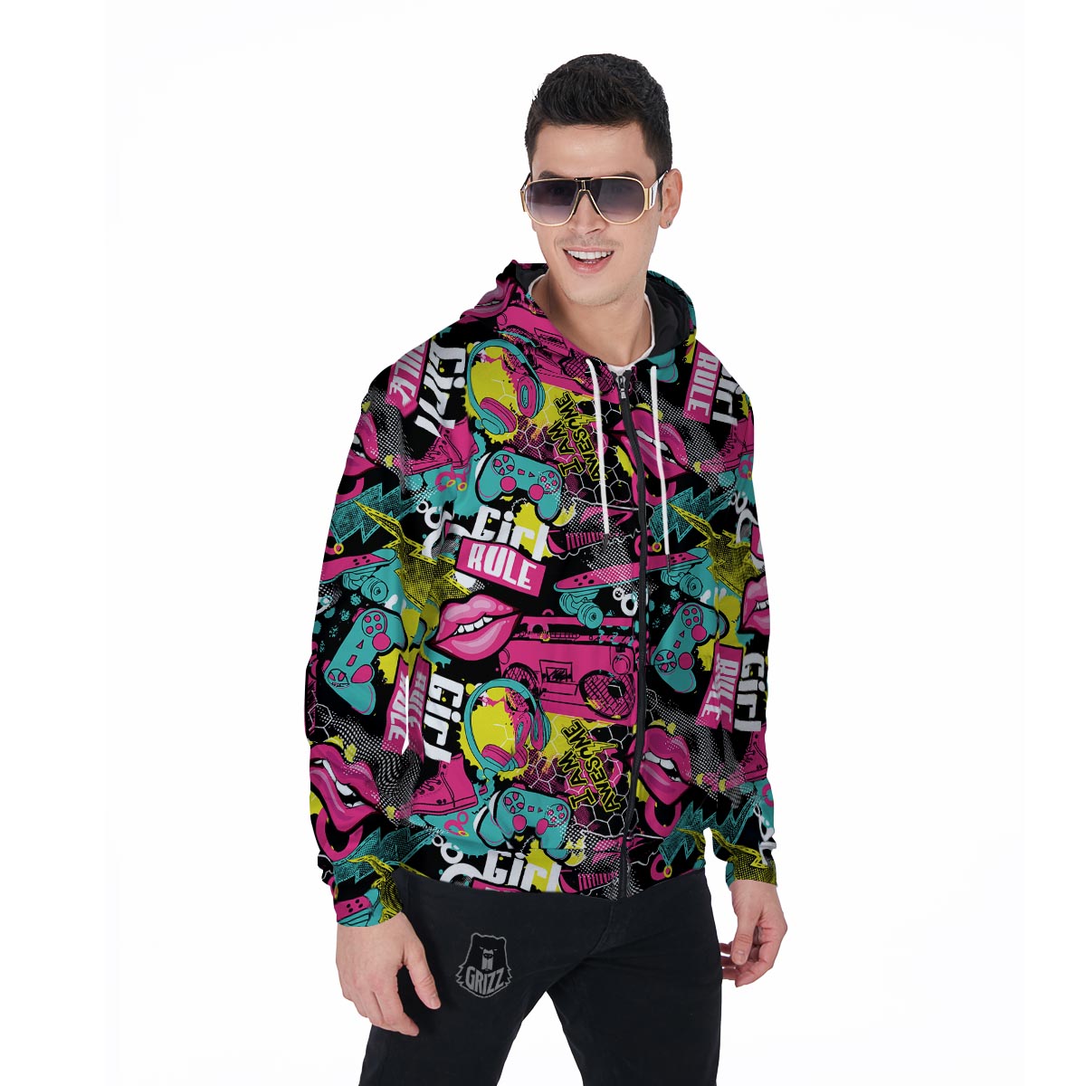 Graffiti Abstract Hiphop Lip Men's Zip Up Hoodie-grizzshop