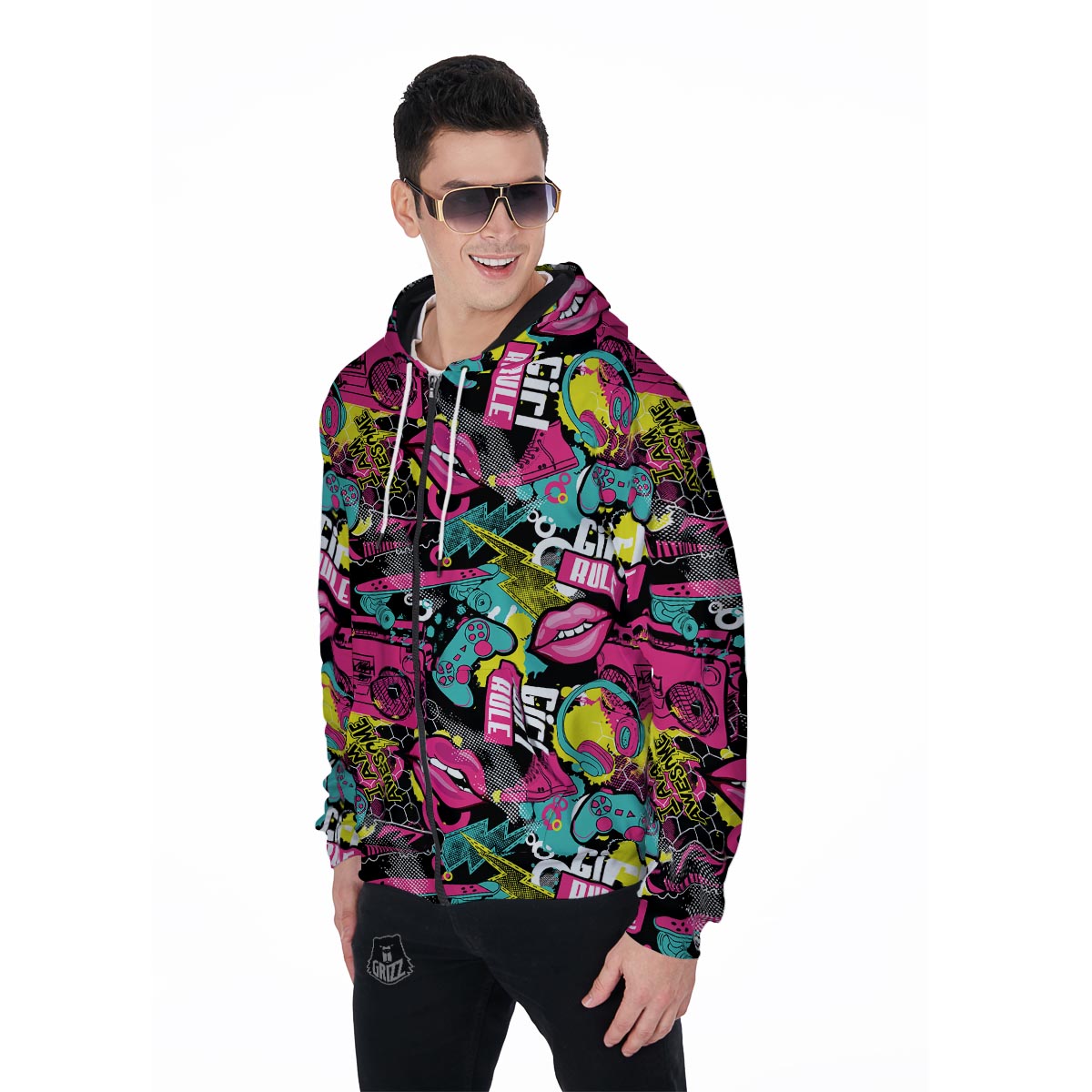 Graffiti Abstract Hiphop Lip Men's Zip Up Hoodie-grizzshop