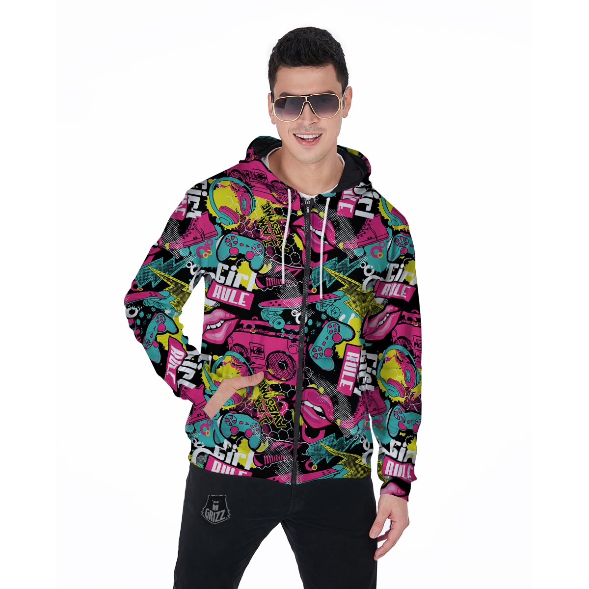 Graffiti Abstract Hiphop Lip Men's Zip Up Hoodie-grizzshop