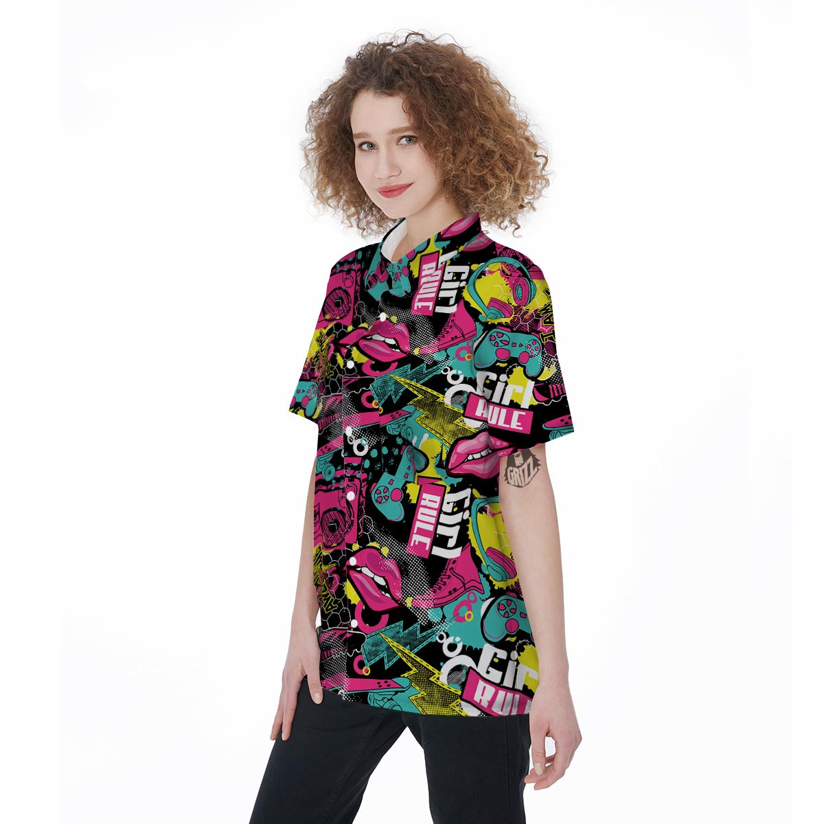 Graffiti Abstract Hiphop Lip Women's Short Sleeve Shirts-grizzshop