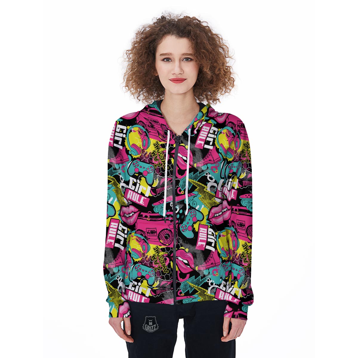 Graffiti Abstract Hiphop Lip Women's Zip Up Hoodie-grizzshop