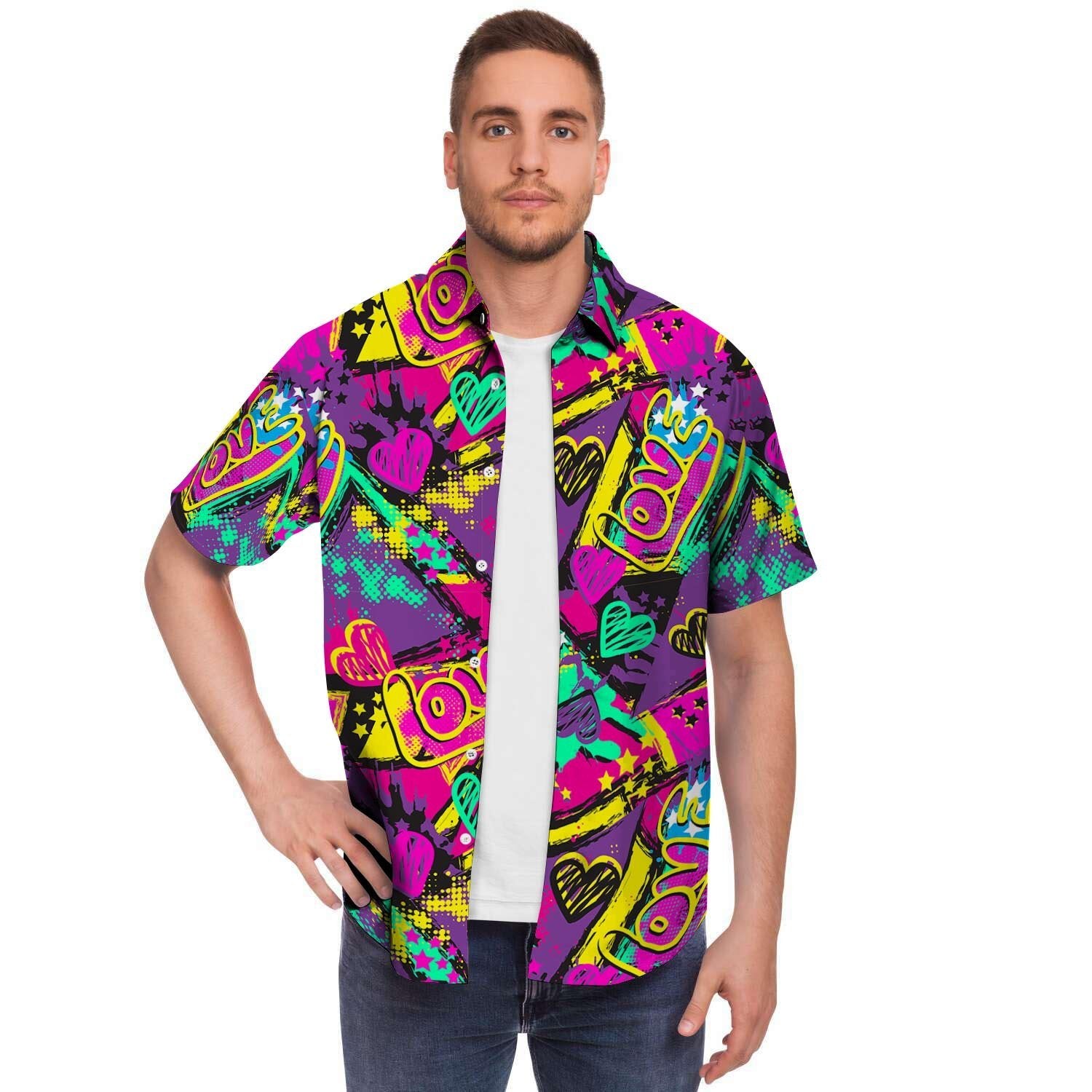 Graffiti Airbrush Love Print Men's Short Sleeve Shirt-grizzshop