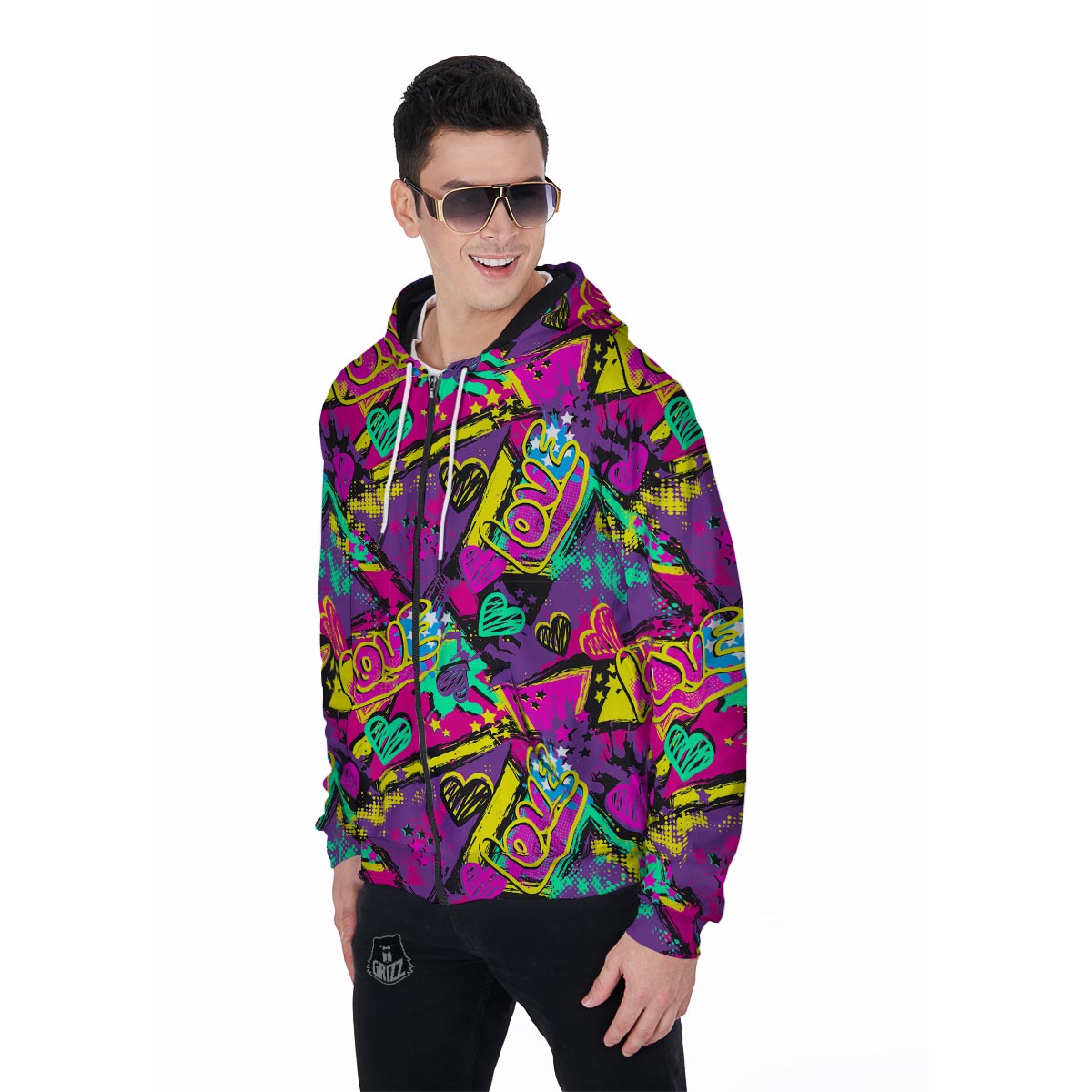 Graffiti Airbrush Love Print Men's Zip Up Hoodie-grizzshop