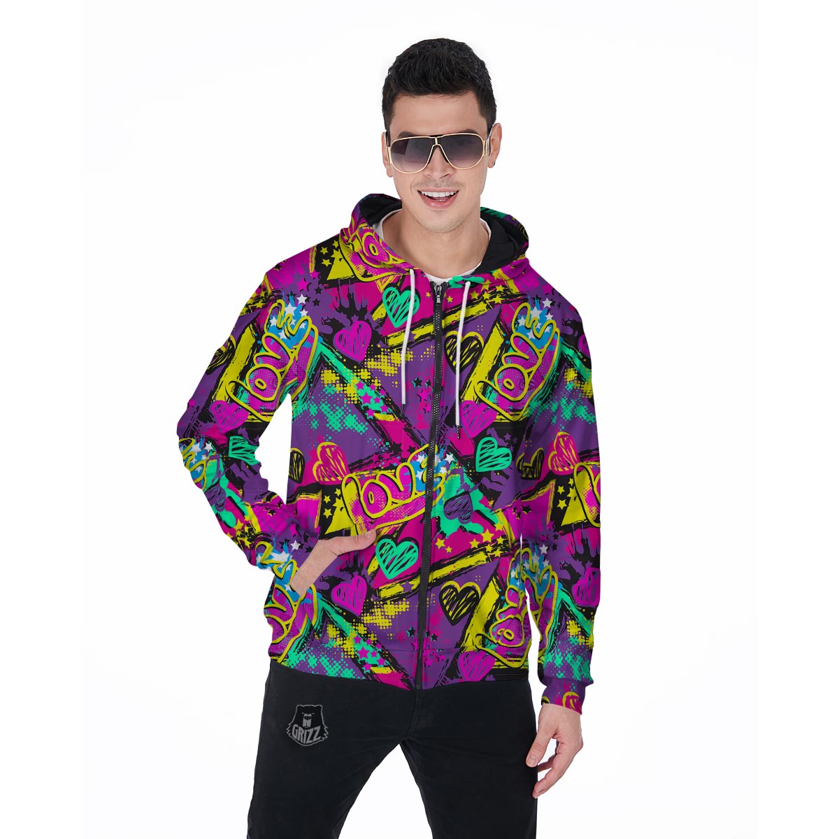 Graffiti Airbrush Love Print Men's Zip Up Hoodie-grizzshop