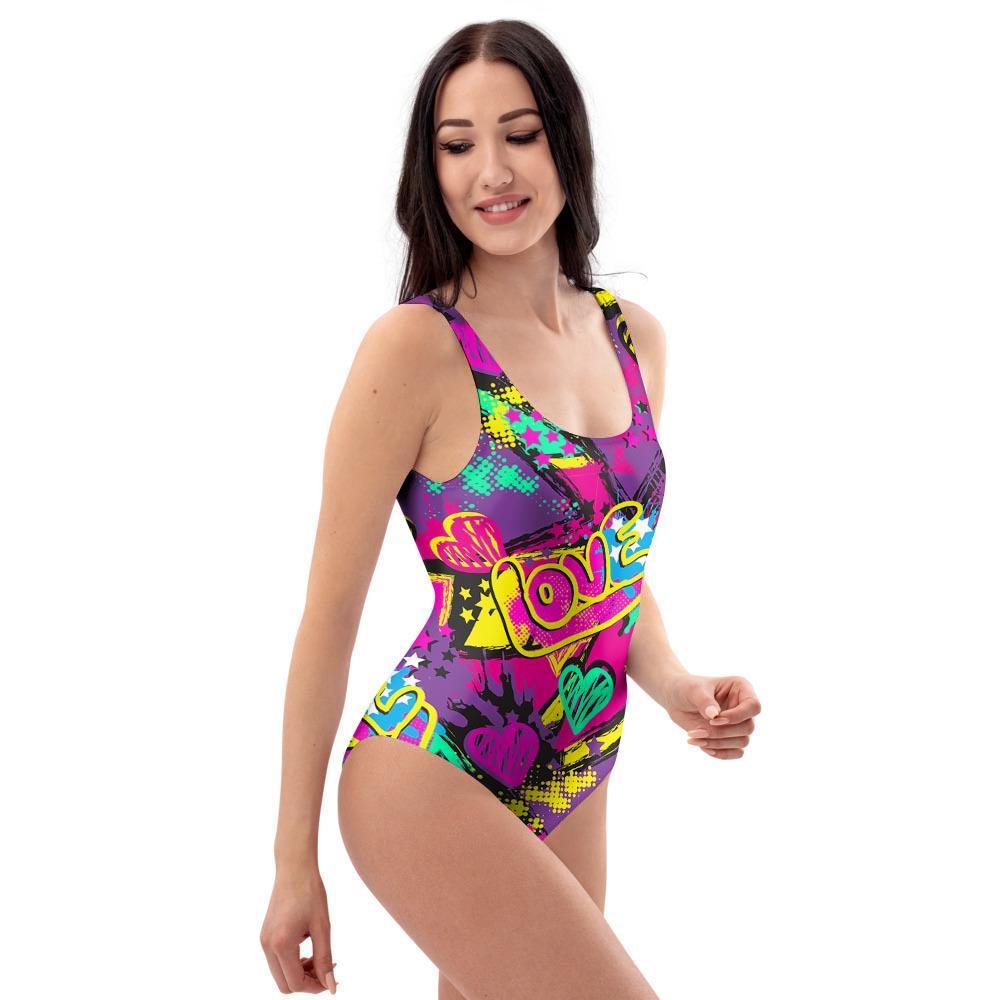 Graffiti Airbrush Love Print One Piece Swimsuite-grizzshop