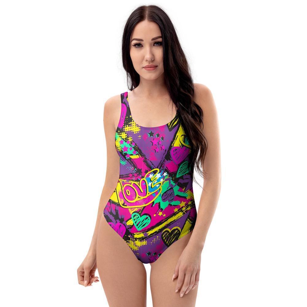 Graffiti Airbrush Love Print One Piece Swimsuite-grizzshop