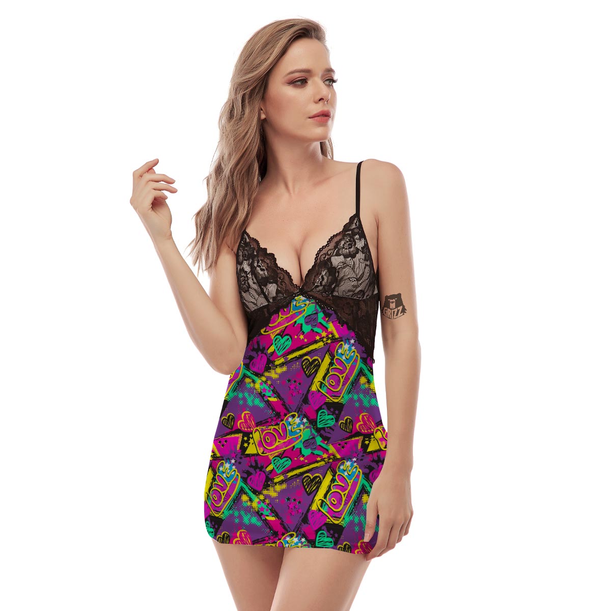 Graffiti Airbrush Love Print Women's Sexy Night Dress-grizzshop