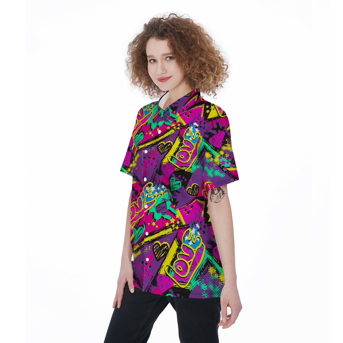 Graffiti Airbrush Love Print Women's Short Sleeve Shirts-grizzshop