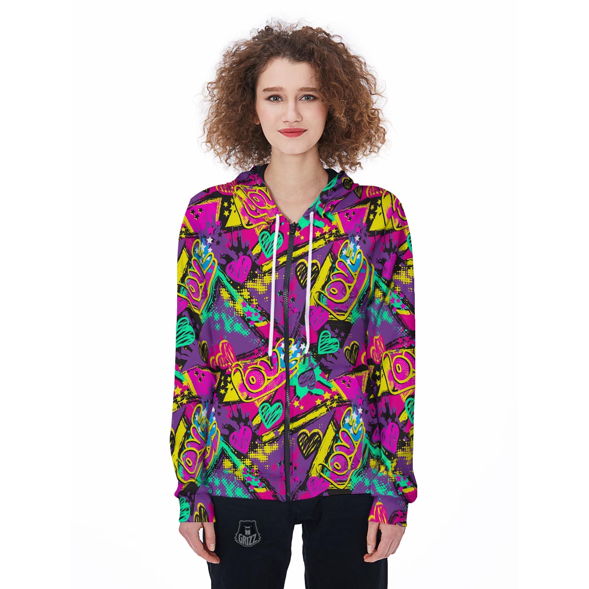 Graffiti Airbrush Love Print Women's Zip Up Hoodie-grizzshop